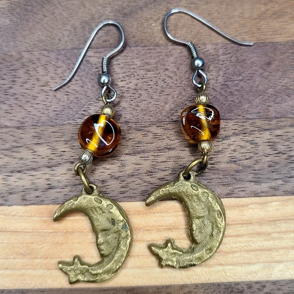 Y2K Celestial Sun Moon Stars Crescent Brass Earrings Glass Beads 90s Fairy Vtg - Picture 4 of 7